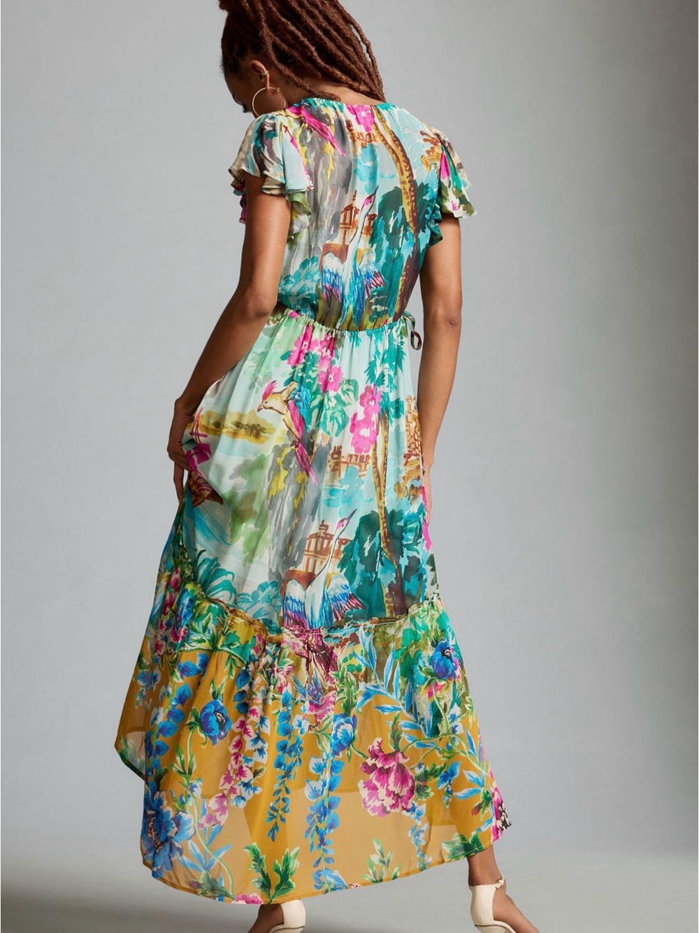 Anthropologie Floral Flutter Sleeve Maxi Dress Colorful Tropical Bird 2X Plus - Picture 6 of 7